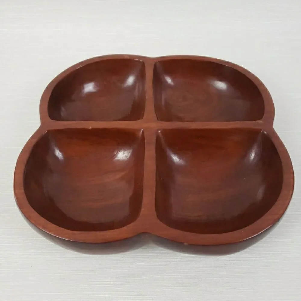 Carib Craft Lacquered Mahogany Divided Snack Nut Dish Serving Bowl VTG MCM